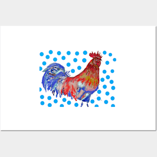 Rooster Watercolor Painting with Blue Polka Dots Posters and Art